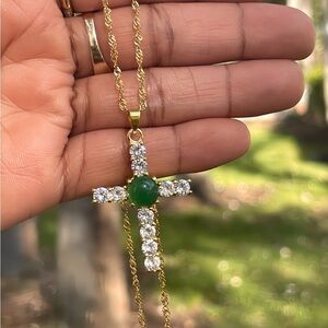 Gold and Green Jade Cross Pendant Necklace